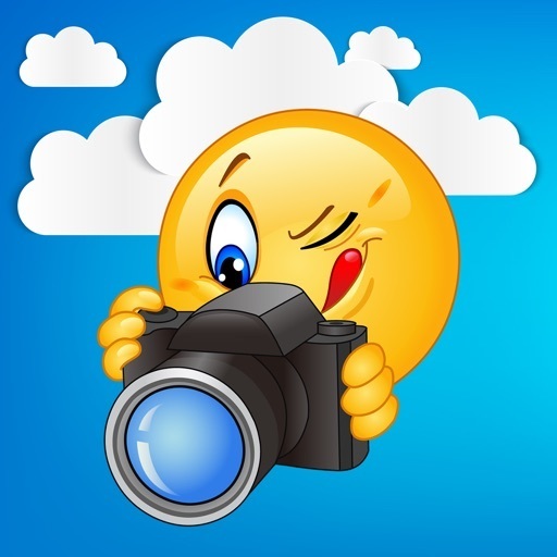 smiley face holding a camera with sky background