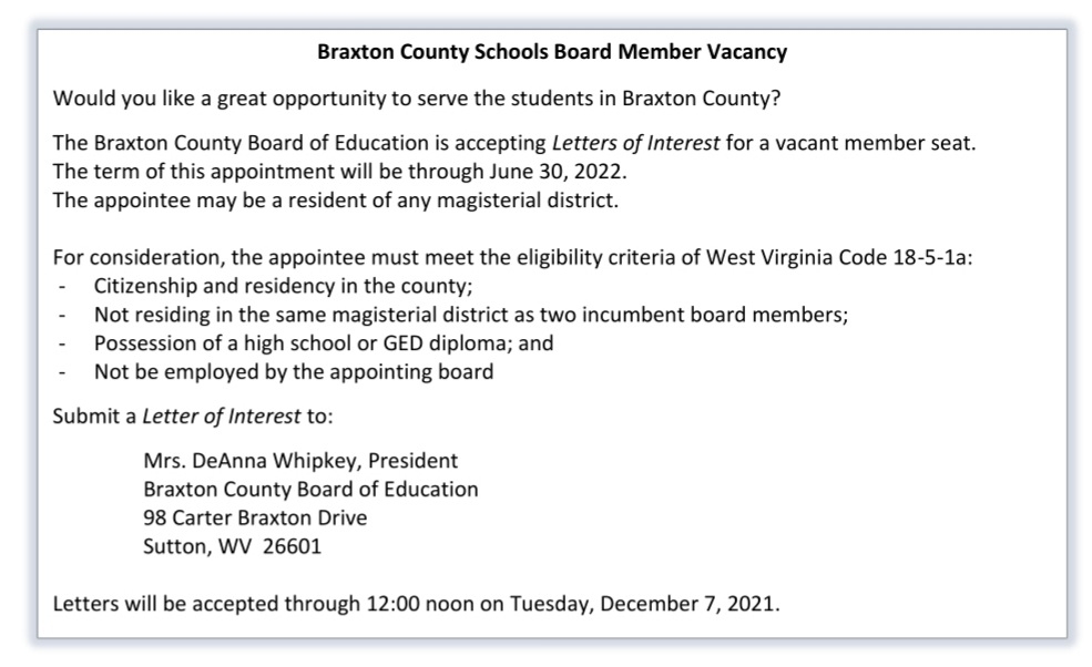 Braxton County Schools Board Vacancy 