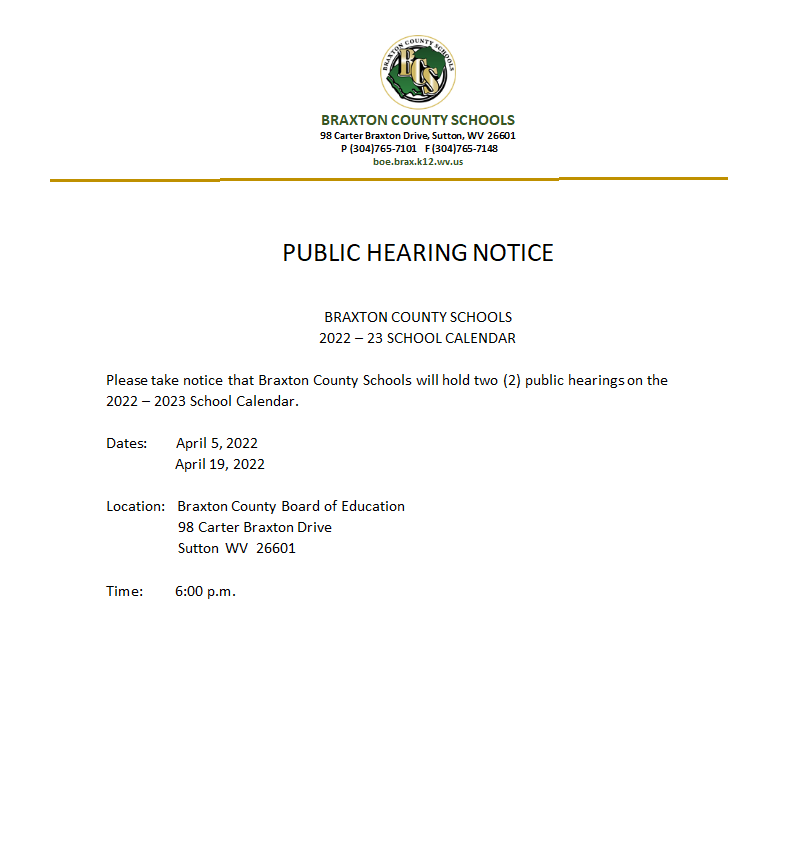 Public Hearing Notice for 2022-2023 School Calendar