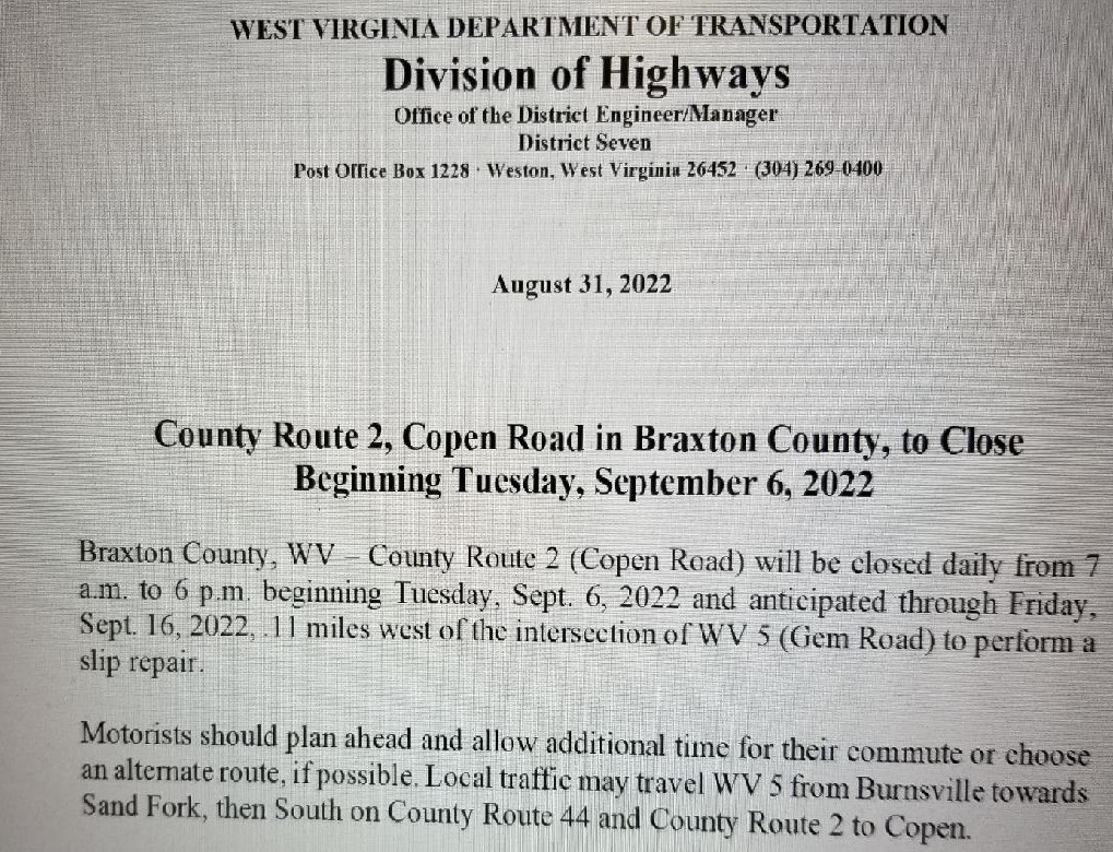 WV Department of Transportation and Division of Highways Announcement 