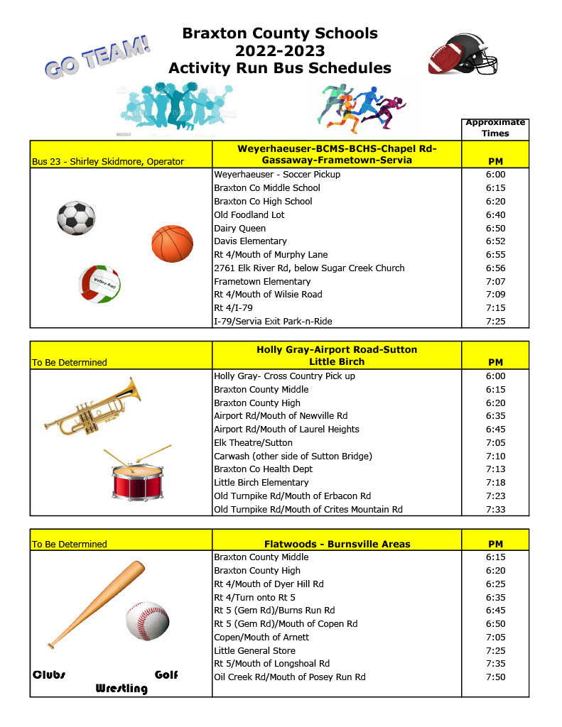 Activity Bus Schedule, Fall Sports, 2022